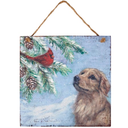 Cardinal And Golden Ornament - Wood, Jute