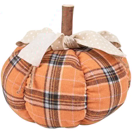 Large Orange Plaid Pumpkin - Polyester, Sand, Wood