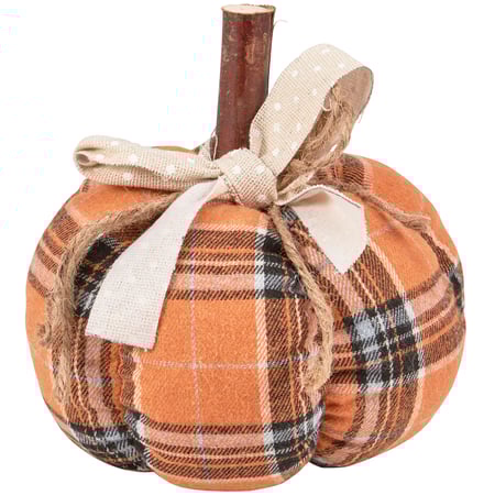Small Orange Plaid Pumpkin - Polyester, Sand, Wood