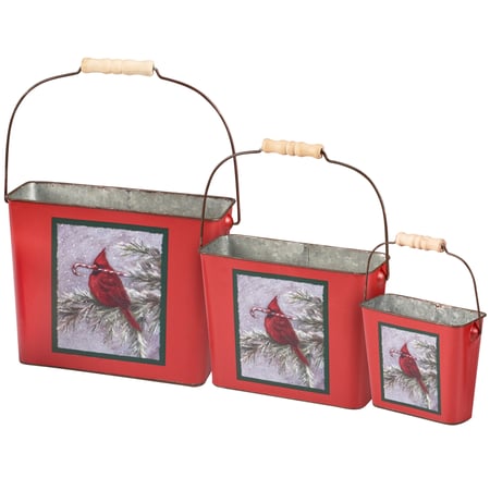 Winter Cardinal Bucket Set - Metal, Paper, Wood