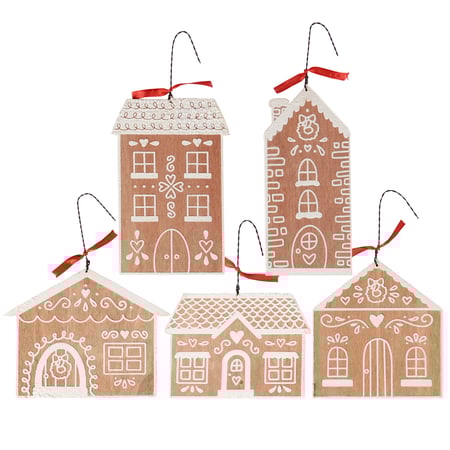 Gingerbread House Ornament Set - Wood, Wire, Resin, Ribbon