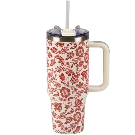 Red Folk Floral Travel Mug - Stainless Steel, Plastic