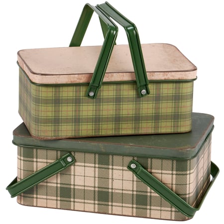Green Tartan Bin Set - Metal, Paper