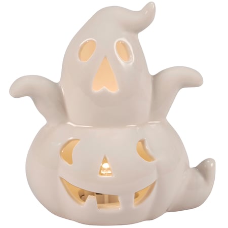 Lighted Ghost Pumpkin Figurine - Stoneware, Light