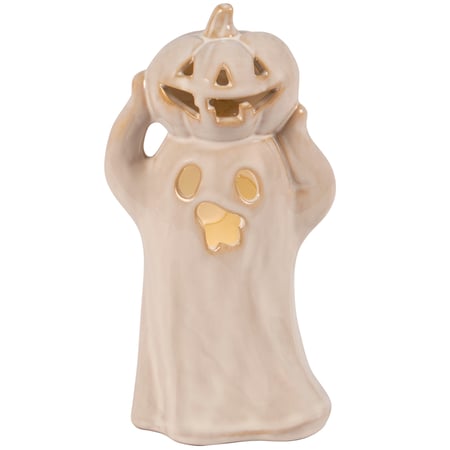 Lighted Pumpkin Ghost Figurine - Stoneware, Light