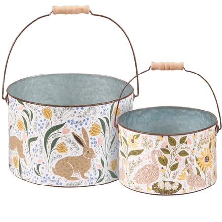 Rabbit Folk Art Bucket Set - Metal, Paper, Wood