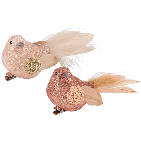 Blush Birds Ornament Set - Foam, Feathers, Plastic, Metal, Glitter