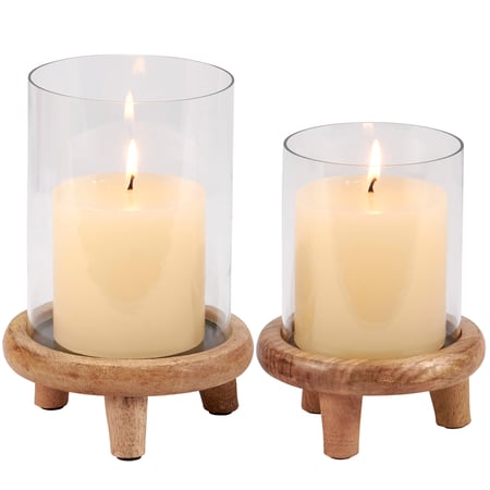 Hurricane Candle Holder Set - Glass, Wood