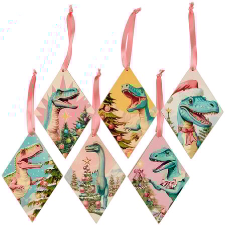 Dino Christmas Ornament Set - Wood, Paper, Ribbon