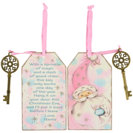 Pastel Santa Key Ornament - Wood, Paper, Metal, Glitter, Ribbon