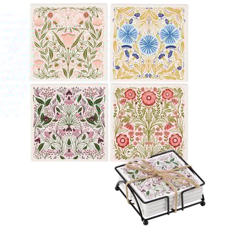 Botanical Folk Art Coaster Set - Stone, Metal, Cork