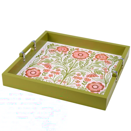 Poppies Folk Art Tray - Wood, Paper, Metal