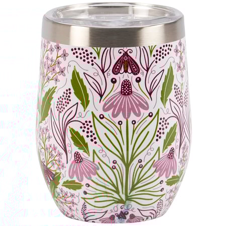 Purple Floral Wine Tumbler - Stainless Steel, Plastic