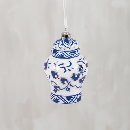 Glass Indigo Urn Ornament - Glass, Metal, Glitter