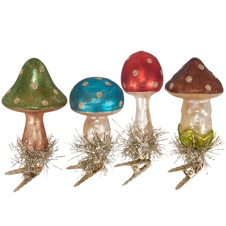 Glass Vintage Mushroom Ornament Set - Glass, Metal, Tinsel, Glitter