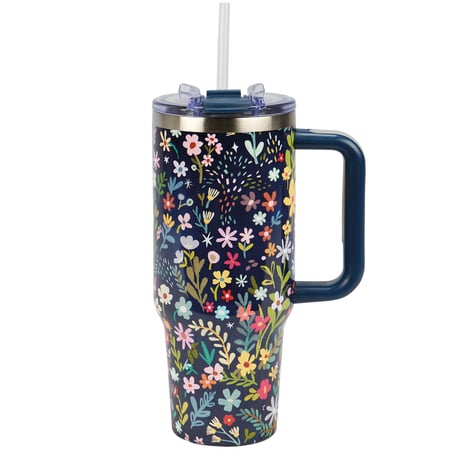 Dark Florals Travel Mug - Stainless Steel, Plastic