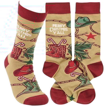 Merry Christmas Y'all Socks - Cotton, Nylon, Spandex