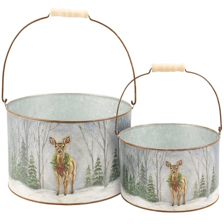 Snowy Deer Bucket Set - Metal, Paper, Wood