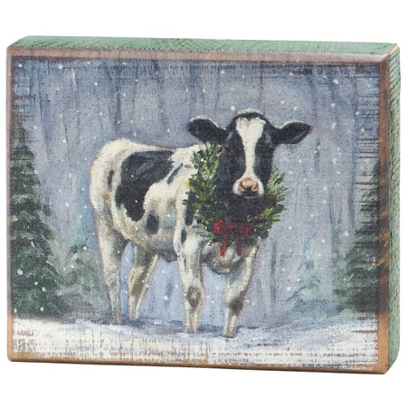 Snowy Cow Block Sign - Wood
