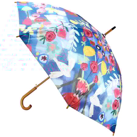 Blue Floral Umbrella - Pongee, Wood, Fiberglass, Metal