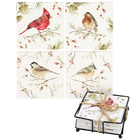 Winter Birds Coaster Set - Stone, Metal, Cork