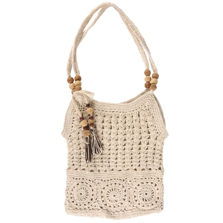 Crocheted Boho Tote - Cotton, Wood