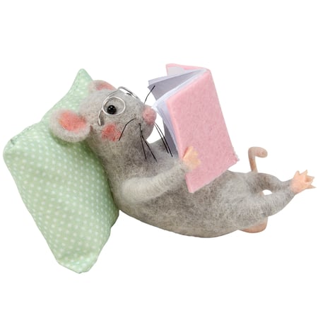 Reading Pillow Mouse Critter - Felt, Fabric, Wire, Plastic