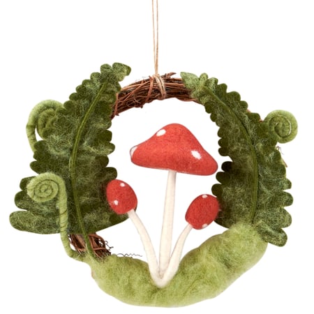 Mushroom Fern Wreath Critter - Felt, Wood
