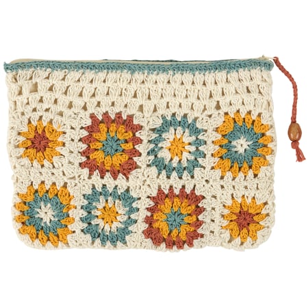 Crochet Flower Zipper Pouch - Cotton, Plastic, Metal, Wood