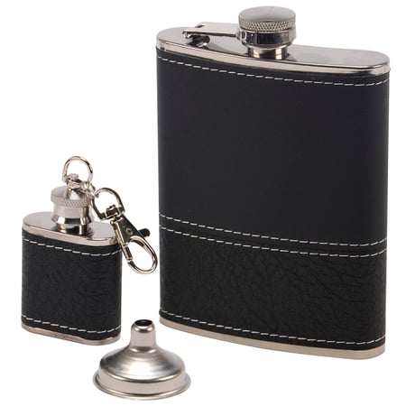 Black Grained Flask Set - Stainless Steel, Faux Leather