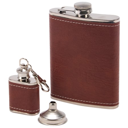 Brown Pebbled Flask Set - Stainless Steel, Faux Leather