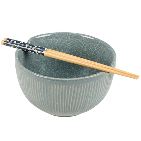 Ribbed Blue Ramen Bowl Set - Stoneware, Bamboo