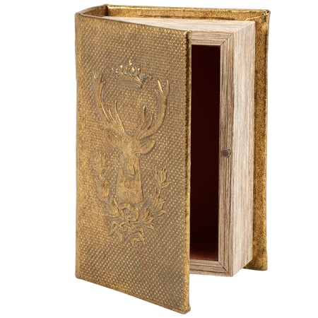 Gold Deer Book Box - Wood, Velvet, Faux Leather, Metal, Magnet