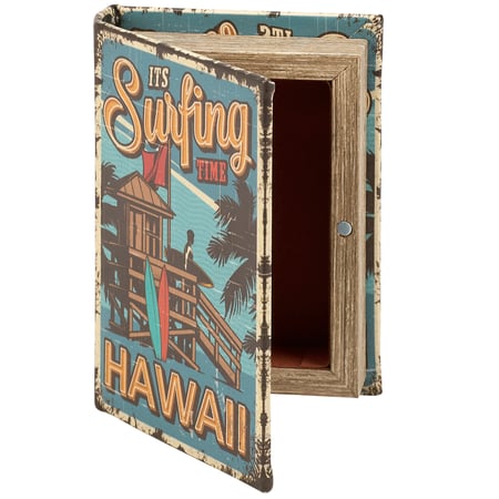 It's Surfing Time Hawaii Book Box - Wood, Velvet, Faux Leather, Metal, Magnet