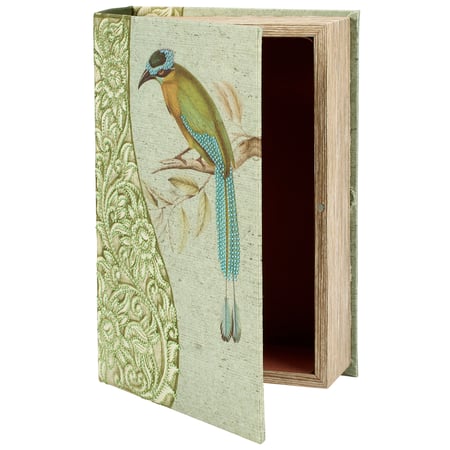 Rainforest Bird Book Box - Wood, Velvet, Satin, Plastic, Metal, Magnet