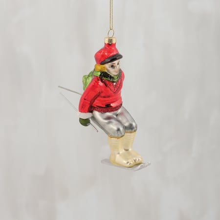 Red Skier Glass Ornament - Glass, Metal, Glitter