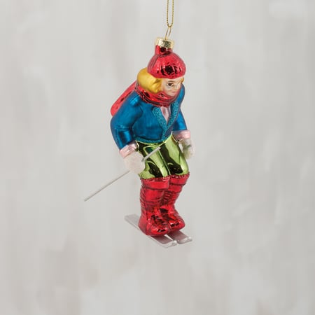 Blue Skier Glass Ornament - Glass, Metal, Glitter