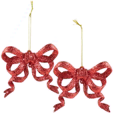 Red Glitter Bow Ornament Set - Plastic, Glitter
