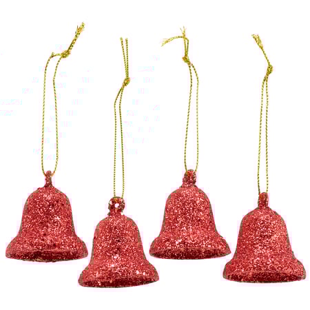 Red Mini Bells Ornament Set - Plastic, Glitter