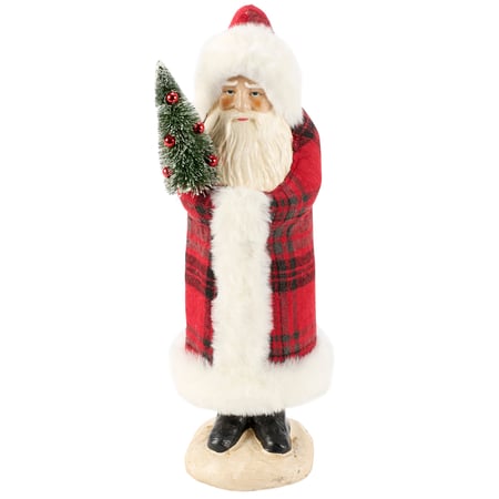 Plaid Santa Figurine - Wood, Plastic, Wire, Faux Fur