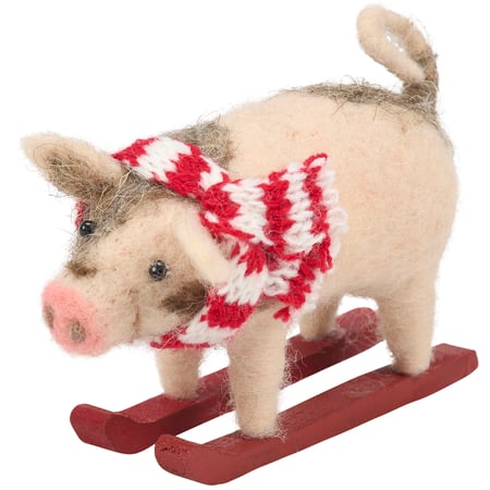 Skiing Kune Kune Pig Critter - Felt, Foam, Wood, Plastic