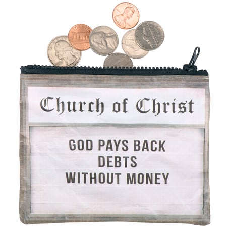 God Pays Back Debts Zipper Wallet - Post-Consumer Material, Plastic, Metal