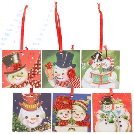 Retro Snowmen Mini Ornament Set - Wood, Paper, Glitter, Ribbon