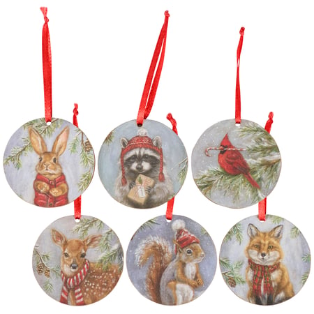 Winter Animal Mini Ornament Set - Wood, Paper, Ribbon
