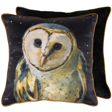 Night Barn Owl Pillow - Polyester, Velvet, Zipper