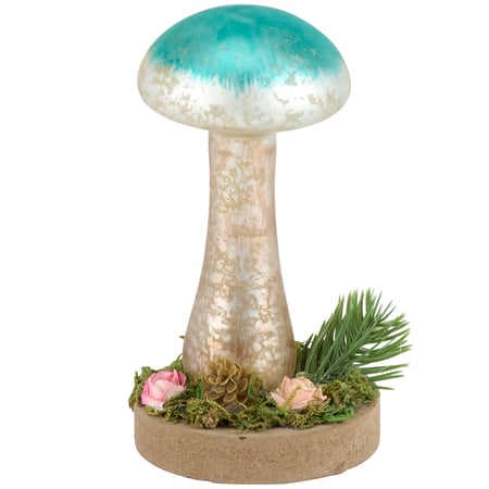 Glass Teal Mushroom Sitter - Glass, Plastic, Wood