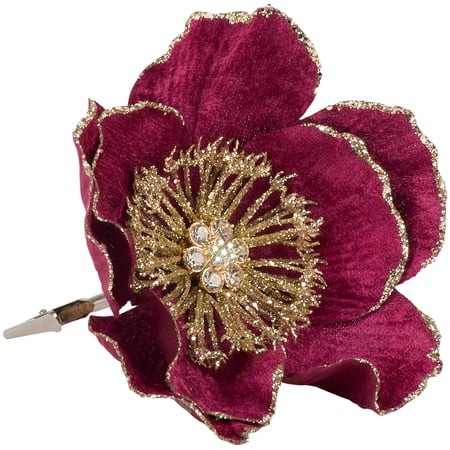 Burgundy Flower Clip - Polyester, Paper, Plastic, Wire, Metal, Glitter