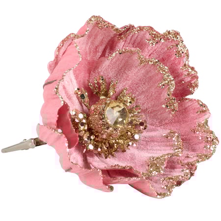 Dark Pink Flower Clip - Polyester, Paper, Plastic, Wire, Metal, Glitter