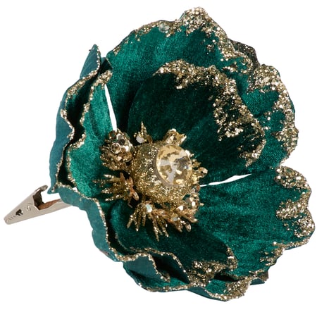 Dark Teal Flower Clip - Polyester, Paper, Plastic, Wire, Metal, Glitter