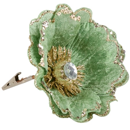 Sage Green Flower Clip - Polyester, Paper, Plastic, Wire, Metal, Glitter